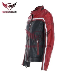 <b>Mens</b> Real Black Red Leather <b>Jacket</b> <b>White</b> Racing Stripe Biker Motorcycle Cowhide Coat Quilted Shoulder Custom Classic Winter Wear - Product Image 3