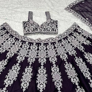 Lehenga Choli Hand Drawn Embroidery Work Blouse Pieces Net Dupatta Winter Summer for Party Occasions Latest Designer Faux <b>Fur</b> - Product Image 5