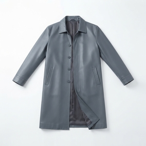 Manteau long en cuir véritable pour homme avec col en fourrure, trench-coat à simple boutonnage, vêtement d'extérieur épais et chaud - Product Image 4