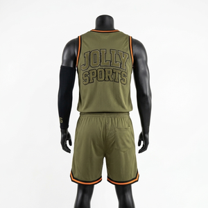 Conjunto corto de malla de poliéster transpirable para hombre, 170 GSM, uniforme de baloncesto verde oliva con ribete naranja, conjunto corto de tela twill para hombre - Product Image 6
