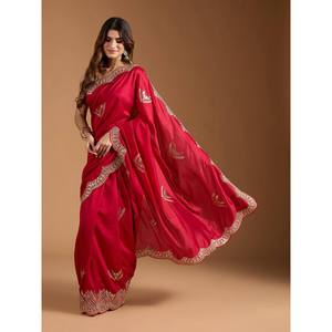 Sari de Satén de Diseño Artesanal para Fiestas, Silueta Recta con Lentejuelas y Bordado Zari Dori - Product Image 6