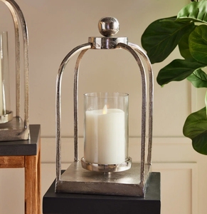 <b>Silver</b> Metal & Glass Arch Candle <b>Lantern</b> - Modern Pillar Candle Holder with Pedestal Base for Home Decor Wedding Table Centerpie - Product Image 1