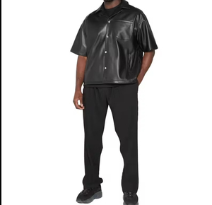 High Quality 100% Leather Turtleneck Short Sleeve Baggy Shirt Men Oversized Plain Dyed Solid Casual Windproof Breathable Quick - Product Image 3