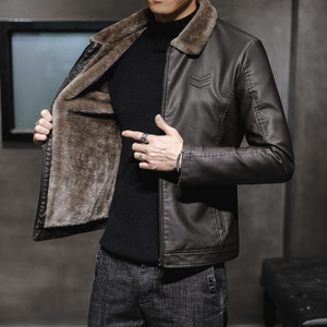 Veste en cuir marron pour homme avec col en fausse fourrure, fermeture éclair, coupe ajustée, style moto, vêtement d'hiver, couleur unie, longueur normale - Product Image 6