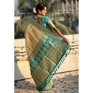 Sari Chickoo de tejido puro Zari con tejidos en contraste para atuendos de fiesta - Product Image 4