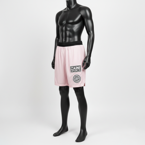 Shorts de baño de malla de poliéster de alta calidad, color rosa suave, panel de cintura negro, logotipo personalizado con transferencia térmica, secado rápido, shorts de malla para hombre - Product Image 3