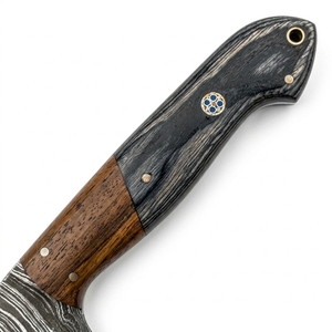 Cuchillo de caza hecho a mano de acero de Damasco con mango de palisandro y pakkawood, hoja fija, funda de cuero, para camping al aire libre, bushcraft, full tang - Product Image 4