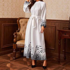 Robe longue pour femme à col montant, manches longues, ceinturée, avec poignets et ourlet à imprimé botanique, pour occasions décontractées ou de fête - Product Image 2