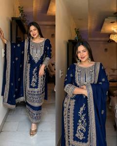 Elegante Salwar Kameez de Seda Azul Marino con Bordado Intenso para Mujer, Ropa Tradicional Étnica para Bodas y Fiestas, para Todas las Temporadas - Product Image 2