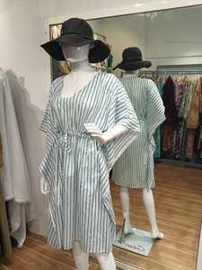 V-Neck Striped <b>Kaftan</b> Dress With Drawstring Elastic Waist Loose Fit Cap Sleeve Midi Length 100% Cotton <b>Summer</b> Casual Wear - Product Image 5