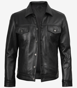 Veste moto en cuir véritable noir pour homme, col rabattu, fermeture à boutons, coupe classique, style automne - Product Image 1