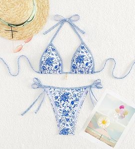 2 Piece <b>Bikini</b> Set with Halter Neckline Floral Pattern V-<b>Strings</b> Spandex/Nylon Fabric Custom Beachwear - Product Image 4
