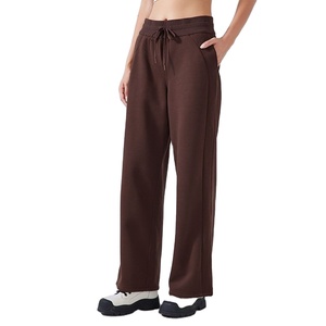 Pantalon de survêtement tricoté taille haute pour femme, coupe ample, couleur unie, avec cordon de serrage, style décontracté automne - Product Image 1