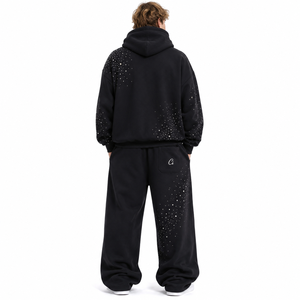 Ensembles de sweats à capuche noirs Y2K scintillants avec strass, personnalisés, en molleton épais 100% coton, pantalons de survêtement amples et surdimensionnés, sweats à capuche carrés, vente en gros - Product Image 4