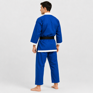 Kimono de karaté bleu avec bordure blanche pour homme adulte, uniforme d'arts martiaux en coton épais avec ceinture noire, tenue d'entraînement durable - Product Image 4