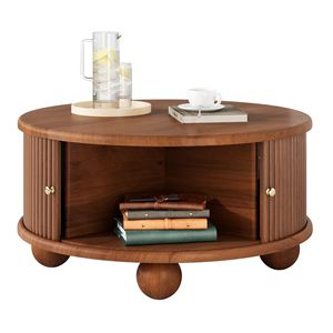 Tavolino da Caffè Scanalato in Stile Contemporaneo con Vano Contenitore, in Legno Massello di Pino e Noce, con Anta Scorrevole, 80,8 cm, Modello Basso per Soggiorno - Product Image 5