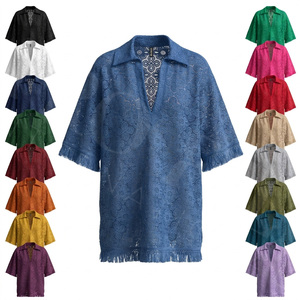 Camisetas Polo Oversize con Dobladillo de Flecos, Modernas y Elegantes, con Diseño Floral Bordado Personalizado, Cuello en V y Manga Corta - Product Image 1