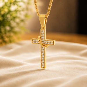 Plated Gold Moissanite <b>Cross</b> Pendant Necklace Brilliant Round Diamond Charm Jewelry for Men and Women - Product Image 1