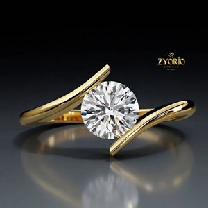 Anillo de compromiso solitario de corte redondo con diseño de envolvente abierto moderno de oro de 10K con diamantes para mujer - Product Image 2