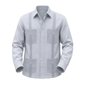เสื้อเชิ้ต Guayabera สีเทาอ่อนสำหรับผู้ชาย ขายส่ง ผ้าฝ้าย แขนยาว ระบายอากาศได้ดี มีกระเป๋า 4 ช่อง สวมใส่สบาย น้ำหนักเบา ทรงปกติ ขายส่งจำนวนมาก - Product Image 1