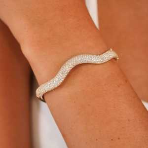 Diamond Wavy Bangle 6.25" Double Security Lock Classic Luxury Modern Cuff <b>Bracelets</b> Round Cut Lab Grown 14K <b>Solid</b> Gold Wholesale - Product Image 2