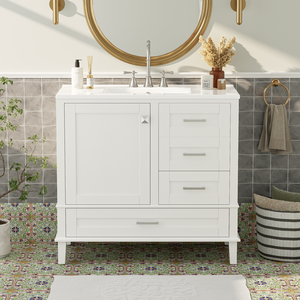 36-Inch Modern White Bathroom Vanity Storage <b>Cabinet</b> Solid <b>Pine</b> Frame with 1 Soft-Close Door and 3 Drawers Series W - Product Image 2