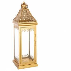 Farol Marroquí de Lujo Dorado, Portavelas de Metal y Vidrio, Farol Árabe Decorativo Vintage Colgante para Ramadán, Eid Mubarak, Bodas - Product Image 1