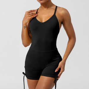 <b>Womens</b> Purple Seamless Ruched <b>Romper</b> Sleeveless V Neck High Waist Drawstring Shorts Jumpsuit Summer - Product Image 3