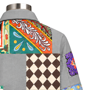 Chaqueta de Trabajo Personalizada con Mosaico Gris, Estampado Floral Artístico y Colorido, Cierre de Botones, Estilo Casual Urbano con Bolsillos Utilitarios - Product Image 6