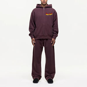 Conjunto Deportivo de 2 Piezas para Hombre a Precio Económico, Sudadera con Capucha y Cremallera, Pantalones Acampanados, Color Sólido, Estampado de Letras, 100% Algodón, Corte Holgado - Product Image 1