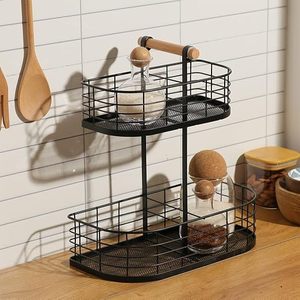 Estante de Almacenamiento Metálico de Dos Niveles con Asa para Organización de Especias de Cocina, Diseño Minimalista, Tipo Vertical, Forma Rectangular - Product Image 1