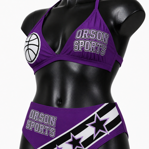 Ensemble bikini violet pour femme Orson Sports, maillot de bain deux pièces à col halter avec imprimé basket et motif étoiles et rayures - Product Image 3
