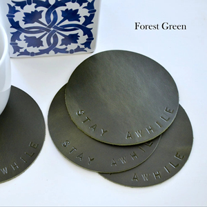 Genuine Leather Coasters Set of 6 Round Drink Mats for <b>Table</b> <b>Protection</b> Luxury Handmade Cowhide Cup Mats Green GLC-0001 - Product Image 1