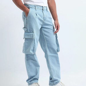Pantalones Vaqueros Cargo Azul Claro para Hombre, Corte Holgado, Cintura Media, Estilo Casual, Verano, Algodón Lavado, Ligeros - Product Image 1