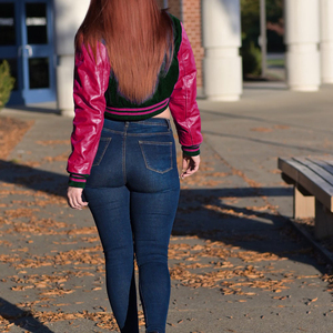 Chaqueta Corta Estilo Universitaria para Mujer, Color Negro y Granate, Estilo Bomber, Mangas de Cuero Sintético, Ropa Exterior Informal, Moda Urbana para Mujer - Product Image 6