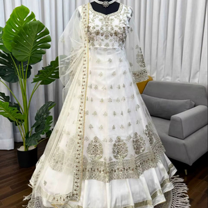Indian Traditional Trendy Roman <b>Silk</b> <b>Kurta</b> with Thread Sequence Work for Women for Wedding Diwali Party Occasions - Product Image 1