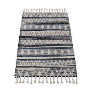 Handwoven 9x12 Blue Beige Flatweave <b>Rug</b> with Raised <b>Tufted</b> Geometric Stripes and Fringe for Hallway - Product Image 2