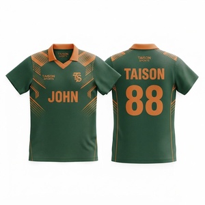 เสื้อคริกเก็ตพรีเมียม โพลีเอสเตอร์ 100% น้ำหนัก 240 กรัม สีเขียวส้ม สำหรับปกเสื้อและแผงไหล่  รับสกรีนโลโก้ ชื่อทีม และหมายเลขด้วยความร้อน - Product Image 1