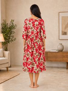 Robe midi pour femme à imprimé floral rouge, col rond, manches trois quarts, coupe évasée, tenue décontractée, robe traditionnelle indienne - Product Image 6