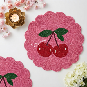 Handmade Cherry Beaded <b>Placemat</b> with Pink Scalloped Edge Decorative Dining <b>Table</b> Mat Wholesale OEM Supplier - Product Image 3