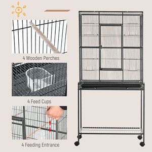 Gabbia per Uccelli in Metallo con Ruote da 30 Pollici, Supporto Rimovibile, Ripiano Portaoggetti, Posatoio in Legno e Contenitore per Cibo, per Uccelli di Taglia Media - Product Image 5