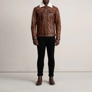 Chaqueta Bomber de Cuero Genuino para Hombre, Cuello Camisero, Cierre de Botones, Corte Ajustado, Color Sólido, Ropa de Invierno - Product Image 1