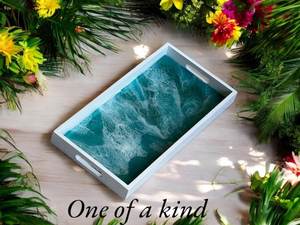 Plateau de service en bois avec incrustation de résine océanique, qualité assurée, fait main, vaisselle pour le thé, les boissons, les collations, le petit-déjeuner, pour la salle de bain - Product Image 5