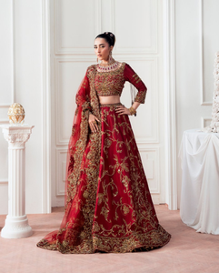 SADIA AUN HUTE COUTURE Lehenga Choli Rojo de Seda Satinada Bordado, Largo a la Cintura, Traje Tradicional Indio Pakistaní para Bodas - Product Image 1