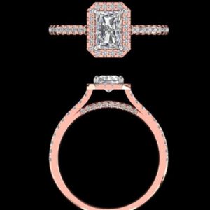 Radiant Cut Diamond Halo Engagement <b>Ring</b> With Matching Curved Chevron Wedding Band <b>Set</b> In Solid <b>Gold</b> Fine Handcrafted Jewelry - Product Image 1