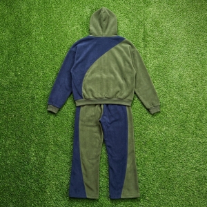 Mens Olive Green Navy Color Block Fleece Tracksuit Set <b>Zip</b> <b>Up</b> <b>Jacket</b> Wide Leg Pants Streetwear Sportswear - Product Image 5