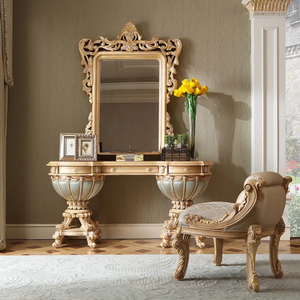 Antique Classic Solid Mahogany <b>Dressing</b> <b>Table</b> Mirror Set Unique Pedestal Design Gold Luxury Vanity <b>Table</b> for Villa Hotel - Product Image 2
