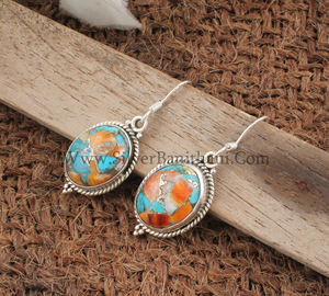 Boucles d'oreilles pendantes en argent sterling 925 avec coquille d'huître naturelle, cuivre, turquoise et pierres précieuses composites orange et bleues, style bohème, vente en gros - Product Image 4