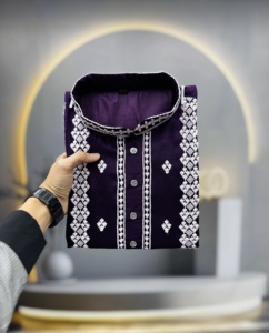 <b>Men's</b> Purple Cotton <b>Kurta</b> With White Embroidery Regular Fit Ankle-Length Traditional Indian Pakistani Casual Wear - Product Image 4