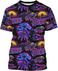 T-shirt néon géométrique à manches courtes et col rond imprimé grenouille, vagues insulaires et palmiers, style streetwear - Product Image 1